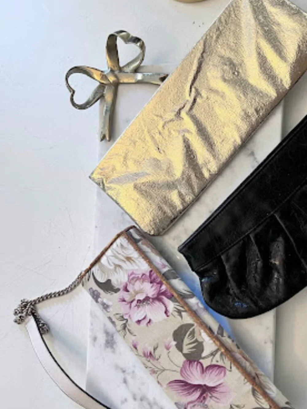 3 Evening Purses – Floral clutch purse, Black satin clutch, Metallic clutch bags